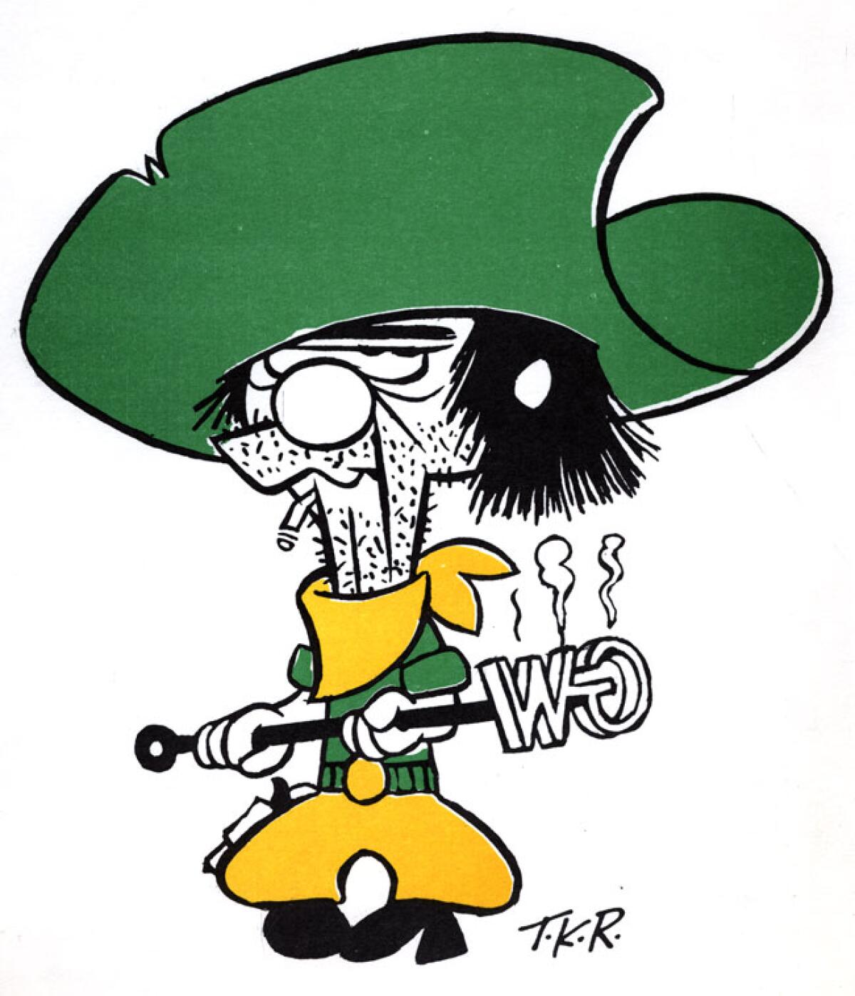 The original Rustler Sam mascot was designed for the college in 1968 by a popular cartoonist named Tom J. Ryan.