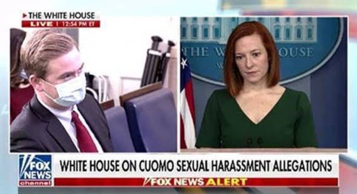 A Fox News screen shot shows images of Peter Doocy and Jen Psaki.