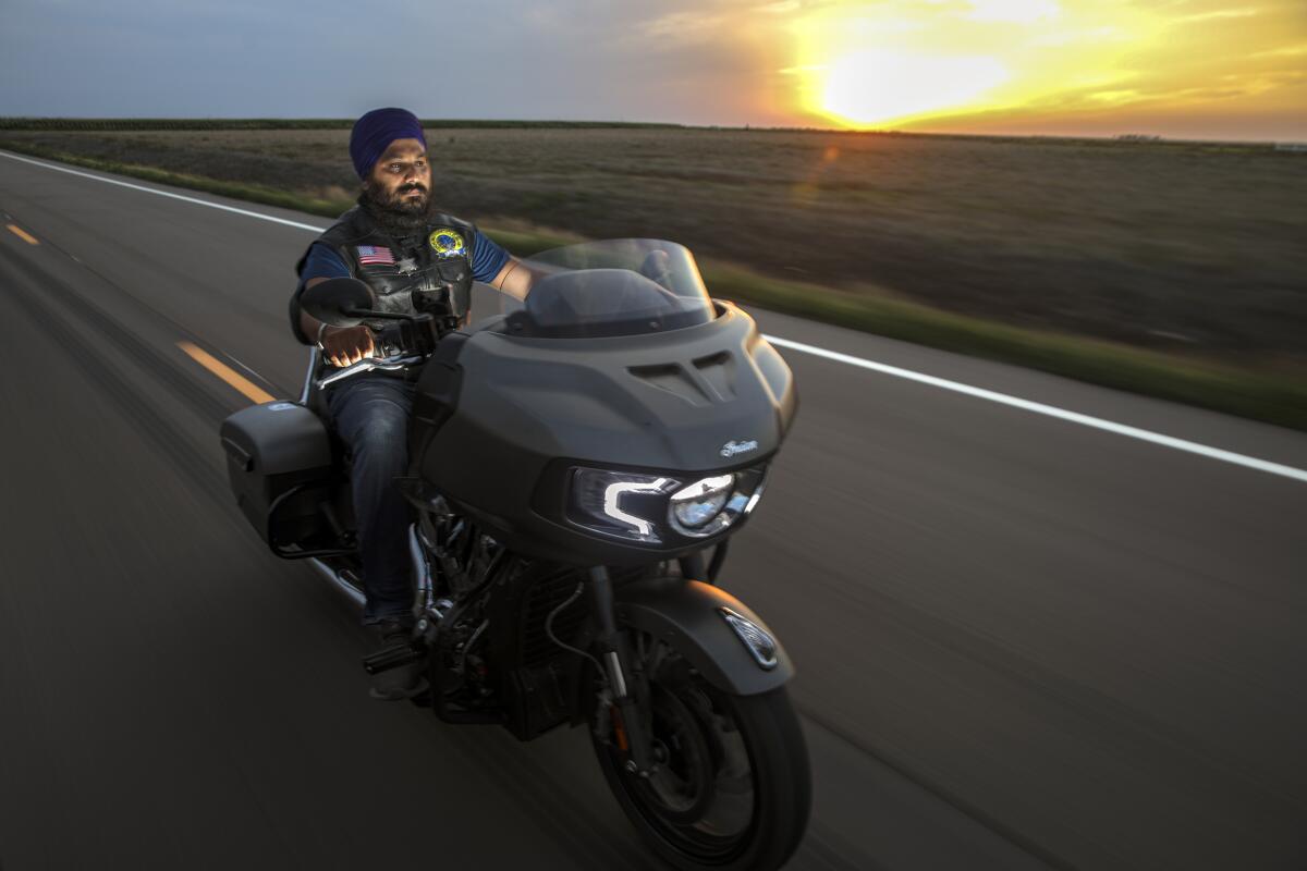 Gurdeep Singh Saggu a member of Sikh Motorcycle Club USA, outside Garden City, Kan. 