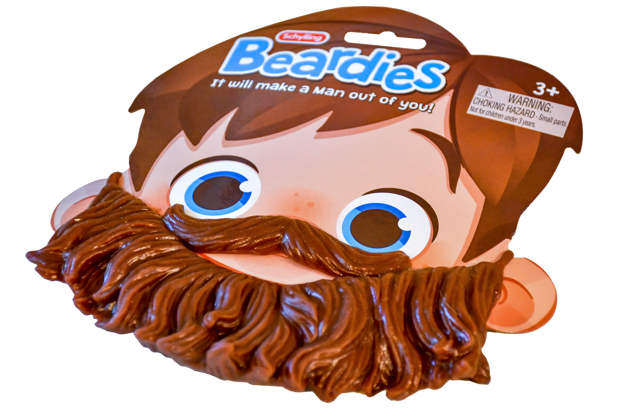 Schylling Beardies is a fake beard packaged on a cardboard face with round blue eyes and brown hair