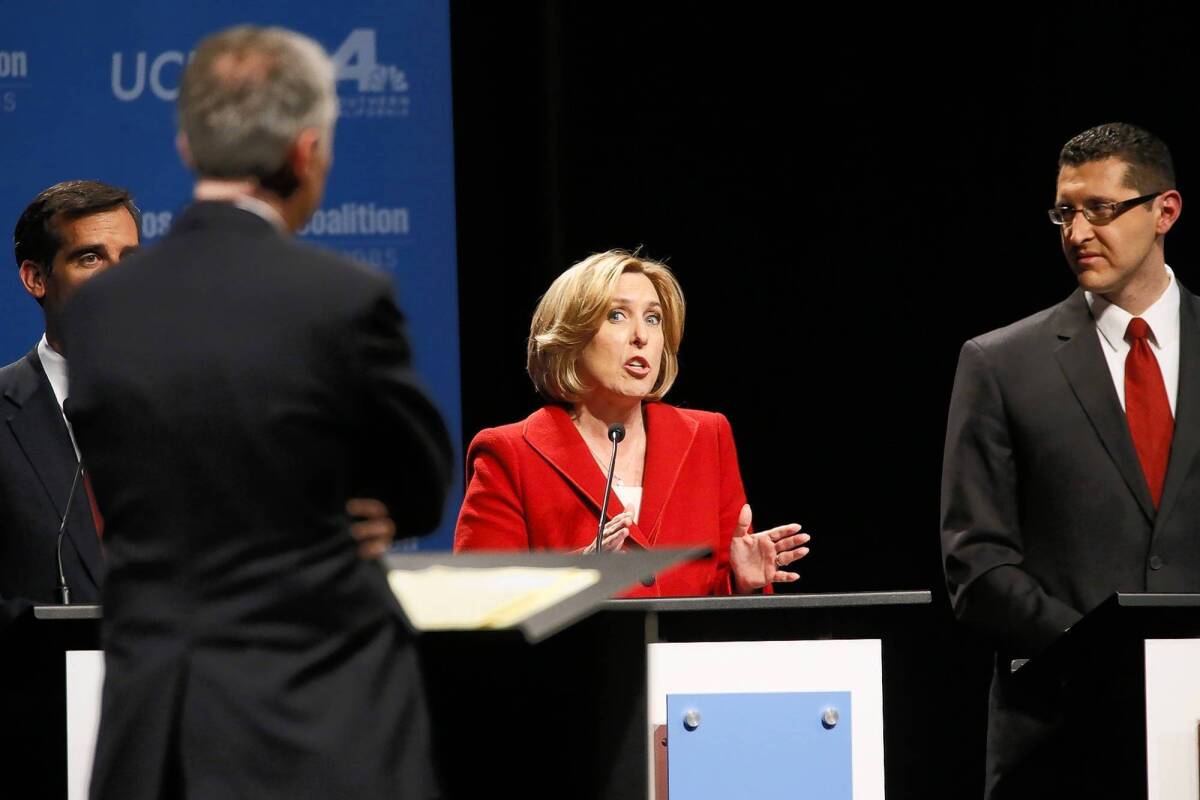 Los Angeles mayoral candidate and City Controller Wendy Greuel appears with other candidates at a mayoral debate in Westwood.