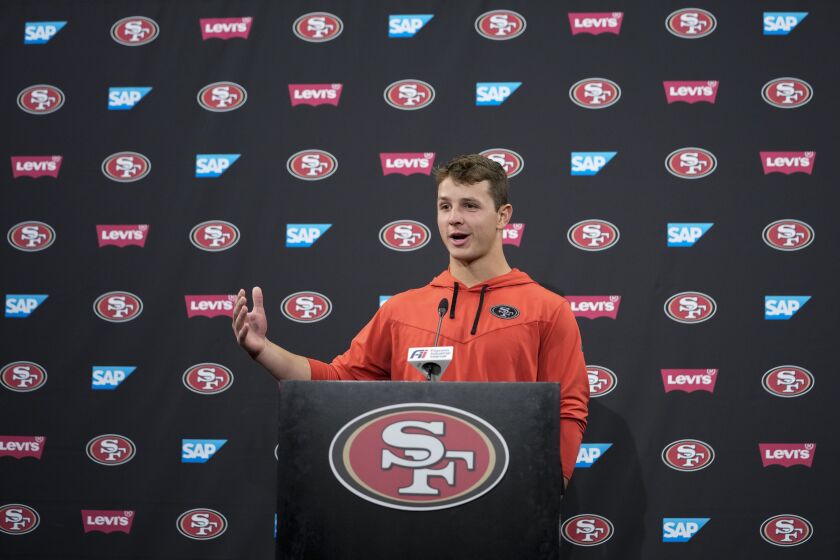 San Francisco 49ers quarterback Brock Purdy speaks to reporters after the NFL football team's practice Tuesday, May 23, 2023, in Santa Clara, Calif. (AP Photo/Godofredo A. Vásquez)