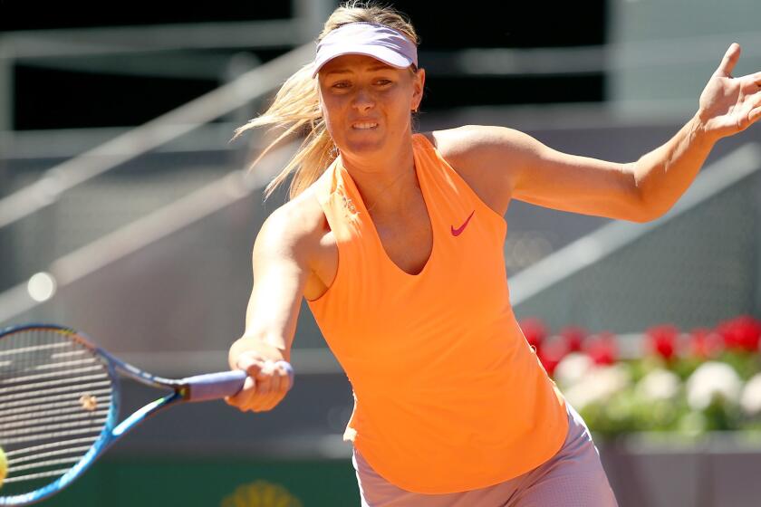 MADRID, SPAIN - MAY 07: Maria Sharapova of Russia in action in her match against Mirjana Lucic-Baroni of Croatia during day two of the Mutua Madrid Open tennis at La Caja Magica on May 7, 2017 in Madrid, Spain. (Photo by Julian Finney/Getty Images) ** OUTS - ELSENT, FPG, CM - OUTS * NM, PH, VA if sourced by CT, LA or MoD **