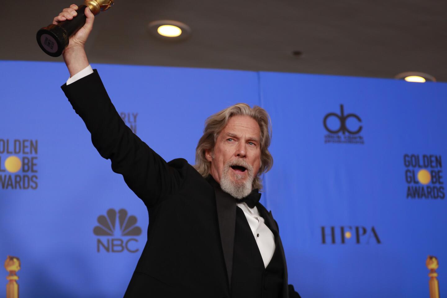 Jeff Bridges, who won the Cecil B. DeMille Award, in the Trophy Room at the 76th Golden Globes at the Beverly Hilton hotel on Sunday.