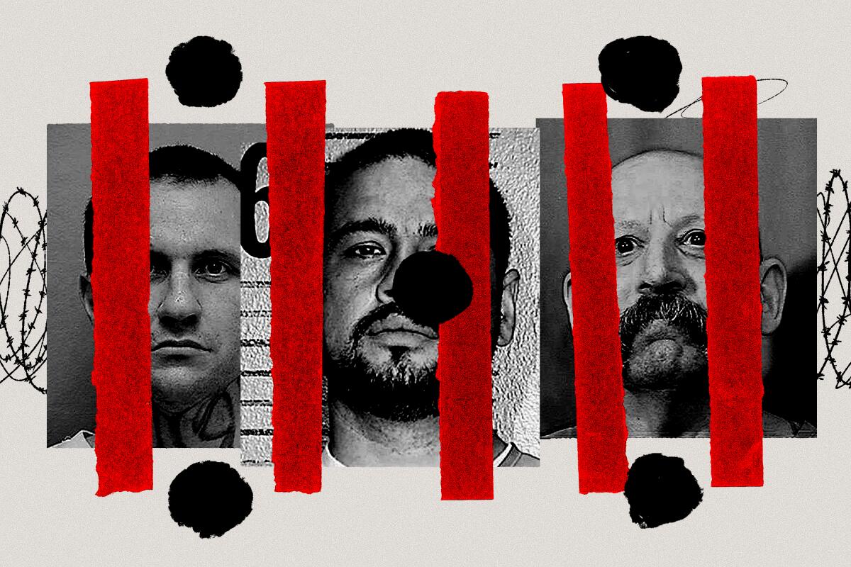 Photo illustration of three mugshots behind red paper strips and five black dots