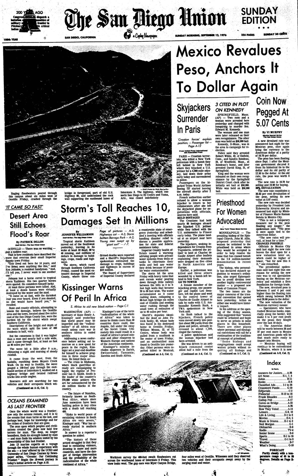 The front page of The San Diego Union-Tribune, Sunday, Sept. 12, 1976 bears news of tropical storm Kathleen.