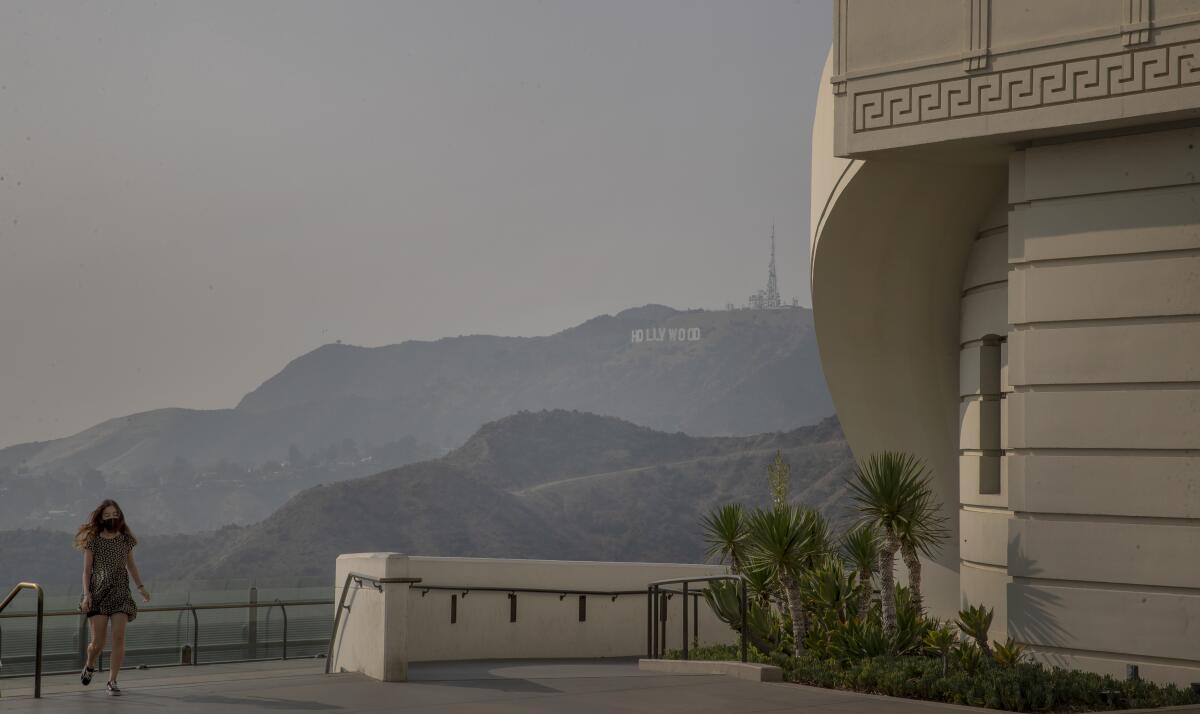 Smoke from a wildfire fouls the air and shrouds the view of the Hollywood sign on Sept. 14, 2020.