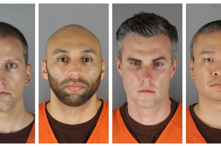 FILE - This combination of photos provided by the Hennepin County Sheriff's Office in Minnesota on Wednesday, June 3, 2020, shows from left, former Minneapolis police officers Derek Chauvin, J. Alexander Kueng, Thomas Lane and Tou Thao. The former Minneapolis police officers charged with violating George Floyd's civil rights are scheduled to be arraigned in federal court Tuesday, Sept. 14, 2021. (Hennepin County Sheriff's Office via AP File)