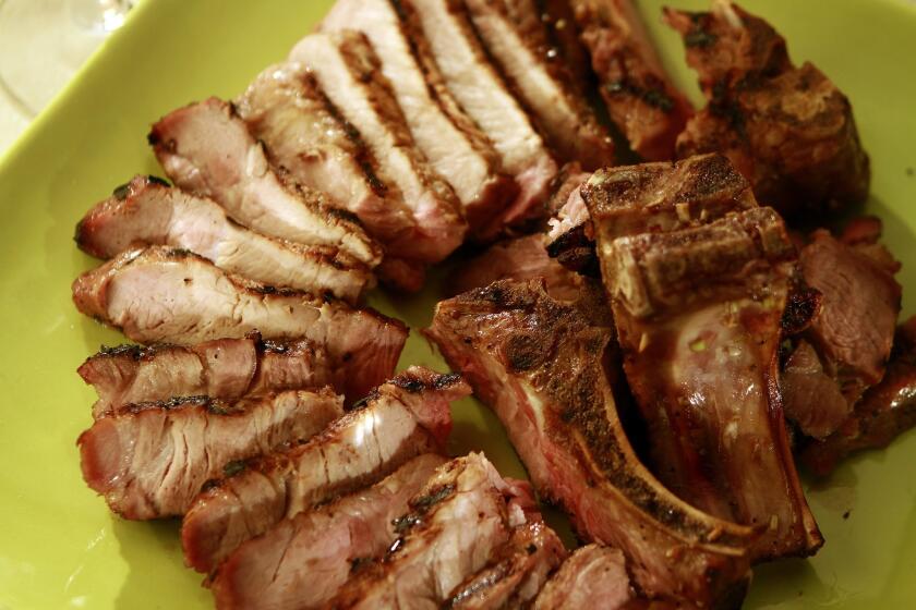 Grilled pork chops with sweet lemongrass marinade.