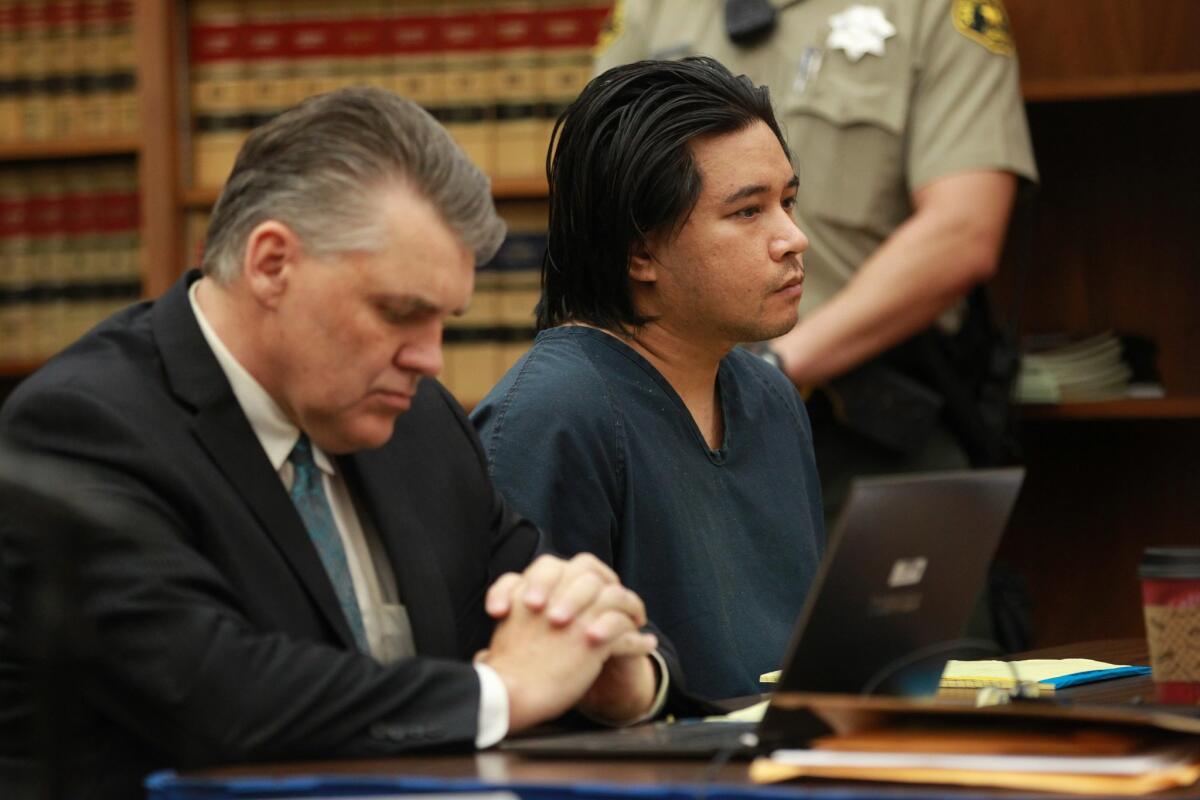 Carlo Mercado, right, is accused of killing Ilona Flint and Salvatore Belvedere, both 22, and Belvedere's older brother, Gianni, 24. At left is his former attorney, Gary Gibson.