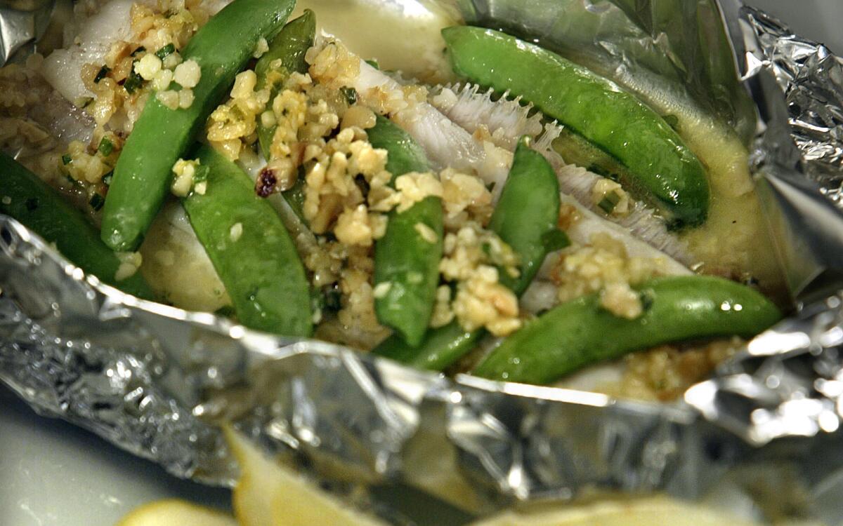 Rex sole and sugar snaps steamed in foil