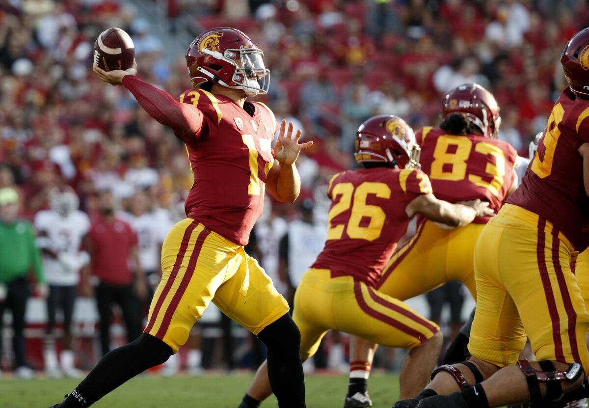 USC Trojans quarterback Caleb Williams has plenty of time as he looks to throw behind his offensive line 