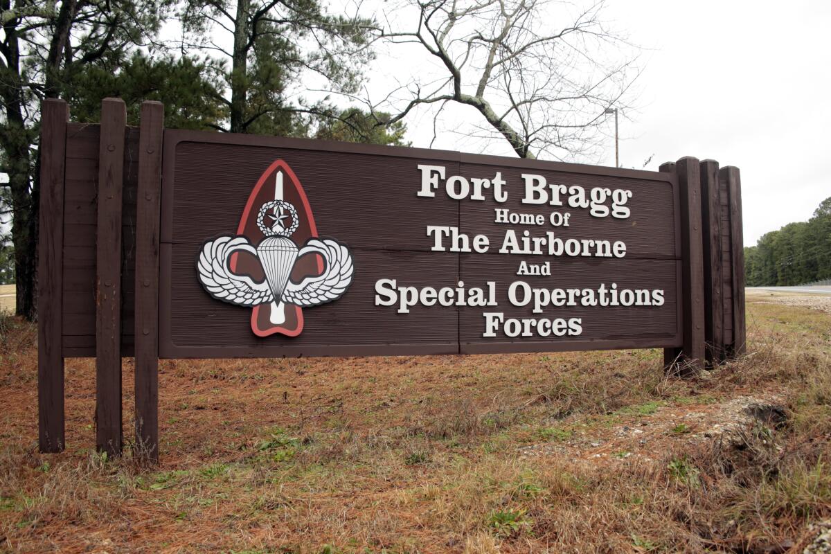 A sign at Fort Bragg, N.C., whose name honors Confederate Army Gen. Braxton Bragg.