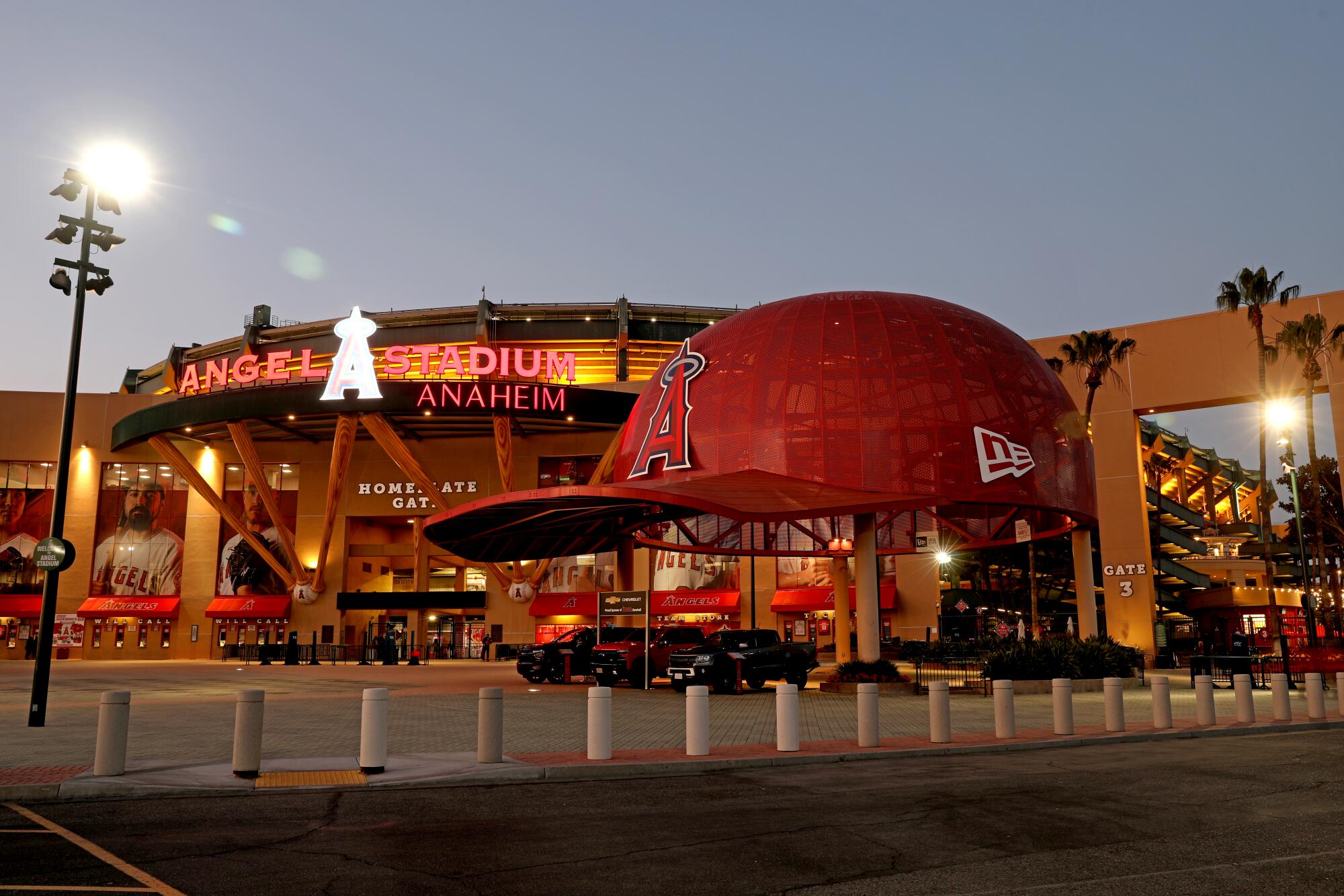 The exterior of Angel Stadium during a game in May 2022.