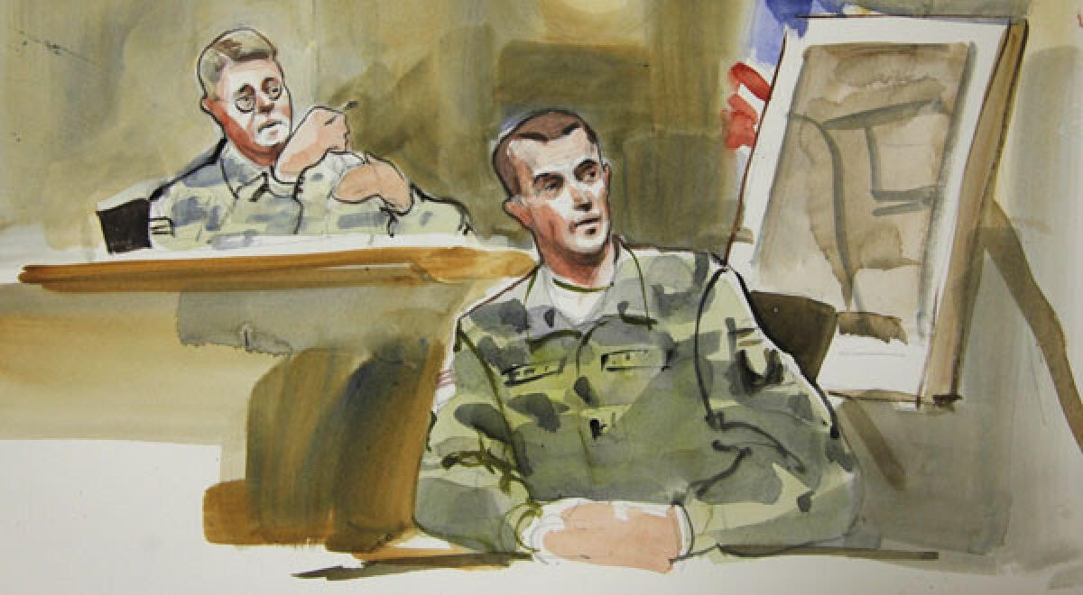 In this courtroom sketch, Capt. Daniel Fields, right, a prosecution witness in the military preliminary hearing of U.S. Army Staff Sgt. Robert Bales, testifies in a military courtroom.