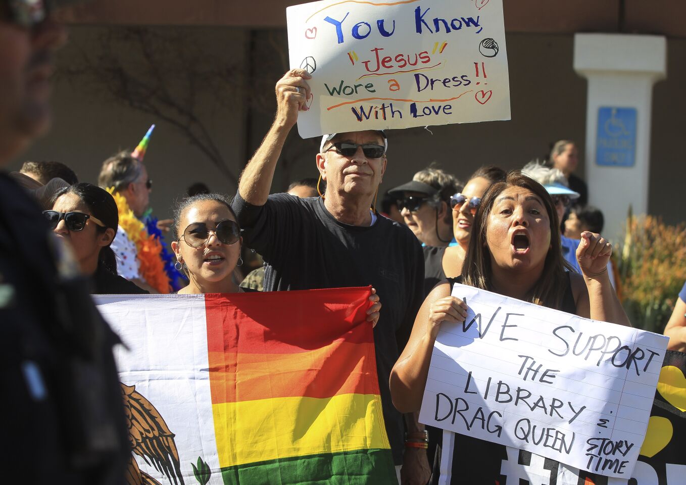 Supporters of the Drag Queen Story Hour yells at protesters against the story hour at the Chula Vista Public Library, Civic Center Branch, on Tuesday, September 10, 2019 in Chula Vista, California.