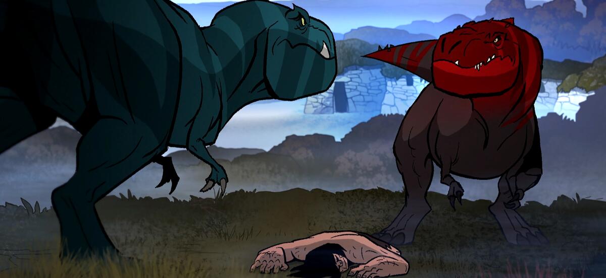 Two T. rexes square off over the fallen human before them in the animated "Genndy Tartakovsky's Primal." 