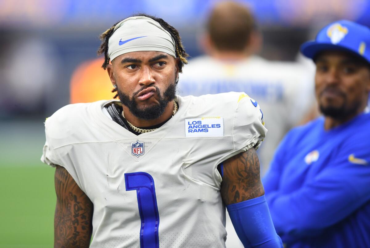 Rams receiver DeSean Jackson displays a disgruntled face on the sideline.