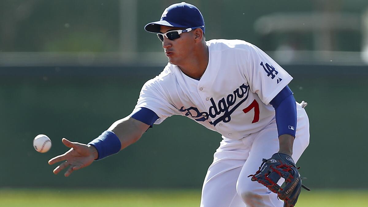 Dodgers infielder Alex Guerrero tosses a ball during a spring training practice session on Feb. 14. Guerrero is expected to be used primarily as a pinch-hitter during the final month of the regular season.