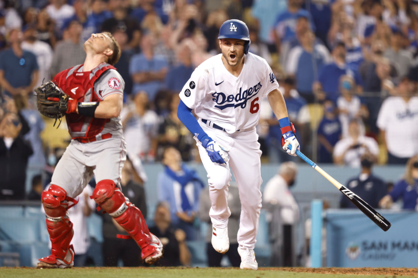 Trea Turner reacts after fouling out to the catcher.