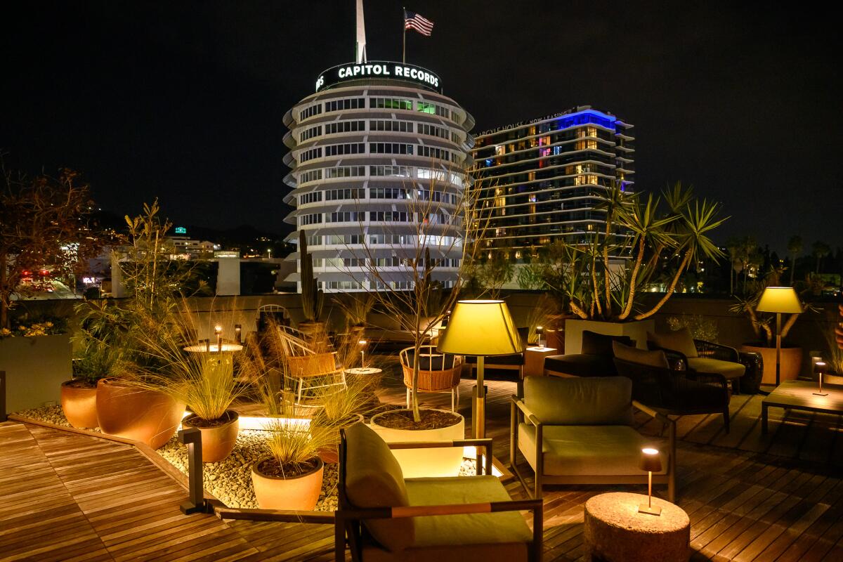 A view of the Capital Records building from Lemon Grove rooftop.