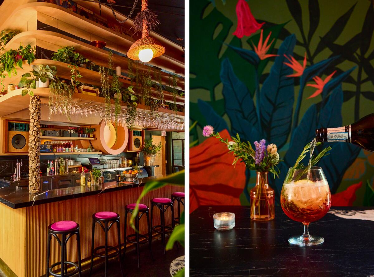 At left: an interior bar shot of Justine's Wine Bar, draped in plants. At right:  Wine pours into a glass in front of a mural