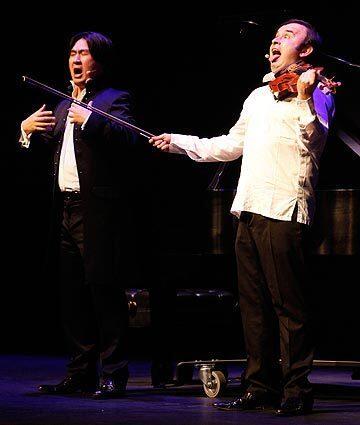 Igudesman and Joo, the funniest (and most accomplished) musical comedy act since PDQ Bach, shook the Broad Stage with so much hilarity that they did double duty testing the young theater's earthquake preparedness.