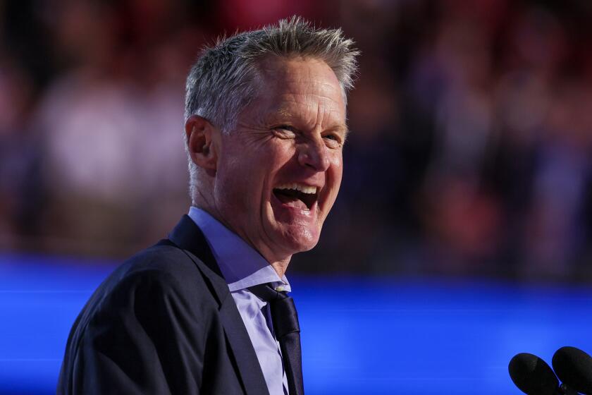 Chicago, Ill, Monday, August 19, 2024 - Team USA basketball coach Steve Kerr speaks at the Democratic National Convention at the United Center. (Robert Gauthier/Los Angeles Times)