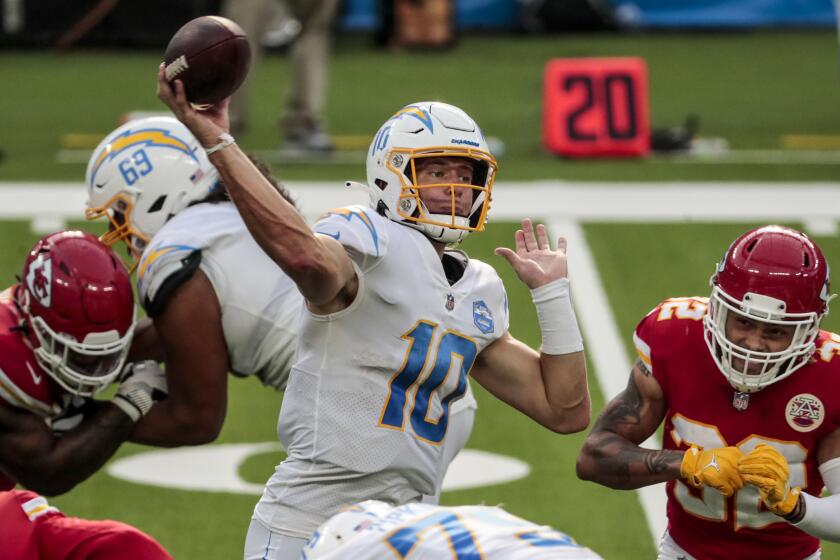 Inglewood, CA, Sunday, September 20, 2020 - Quarterback Justin Herbert #10 of the Los Angeles Charger.