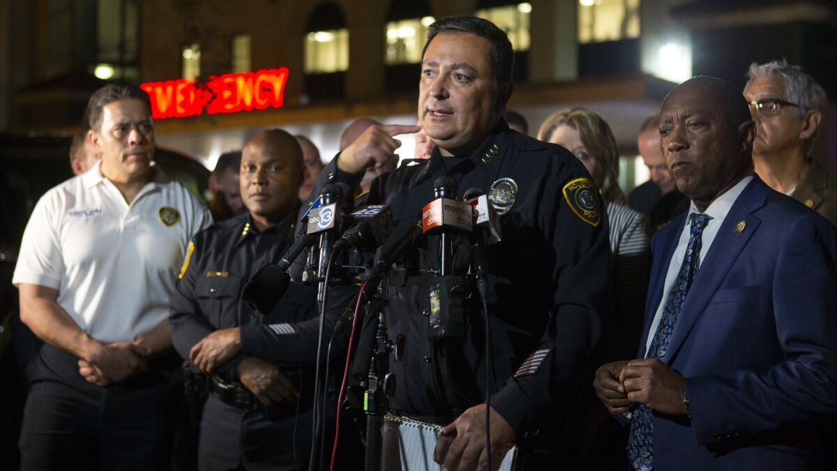 Houston Police Department Chief Art Acevedo updates the media on the conditions of officers injured during a shooting Jan. 28.