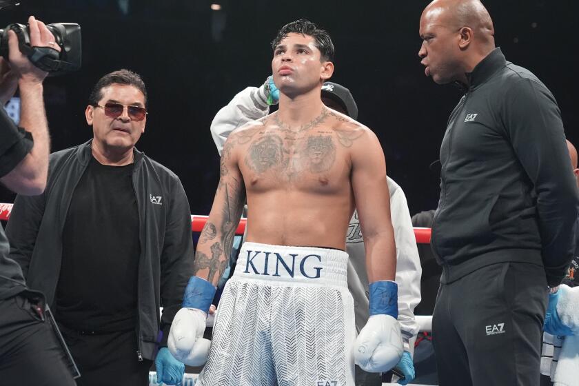 Ryan Garcia is announced before a super lightweight boxing match against Devin Haney Sunday, April 21, 2024, in New York. Garcia won the fight. (AP Photo/Frank Franklin II)