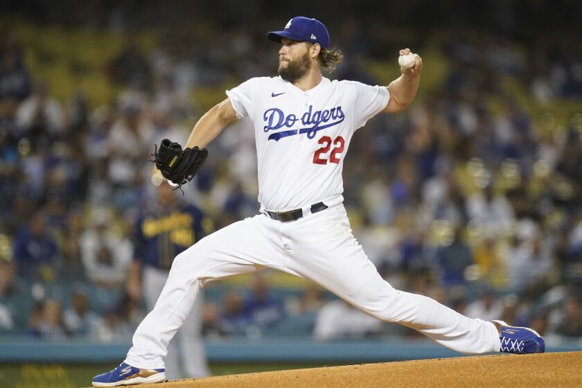 Los Angeles Dodgers starting pitcher Clayton Kershaw (22) throws during the first inning.