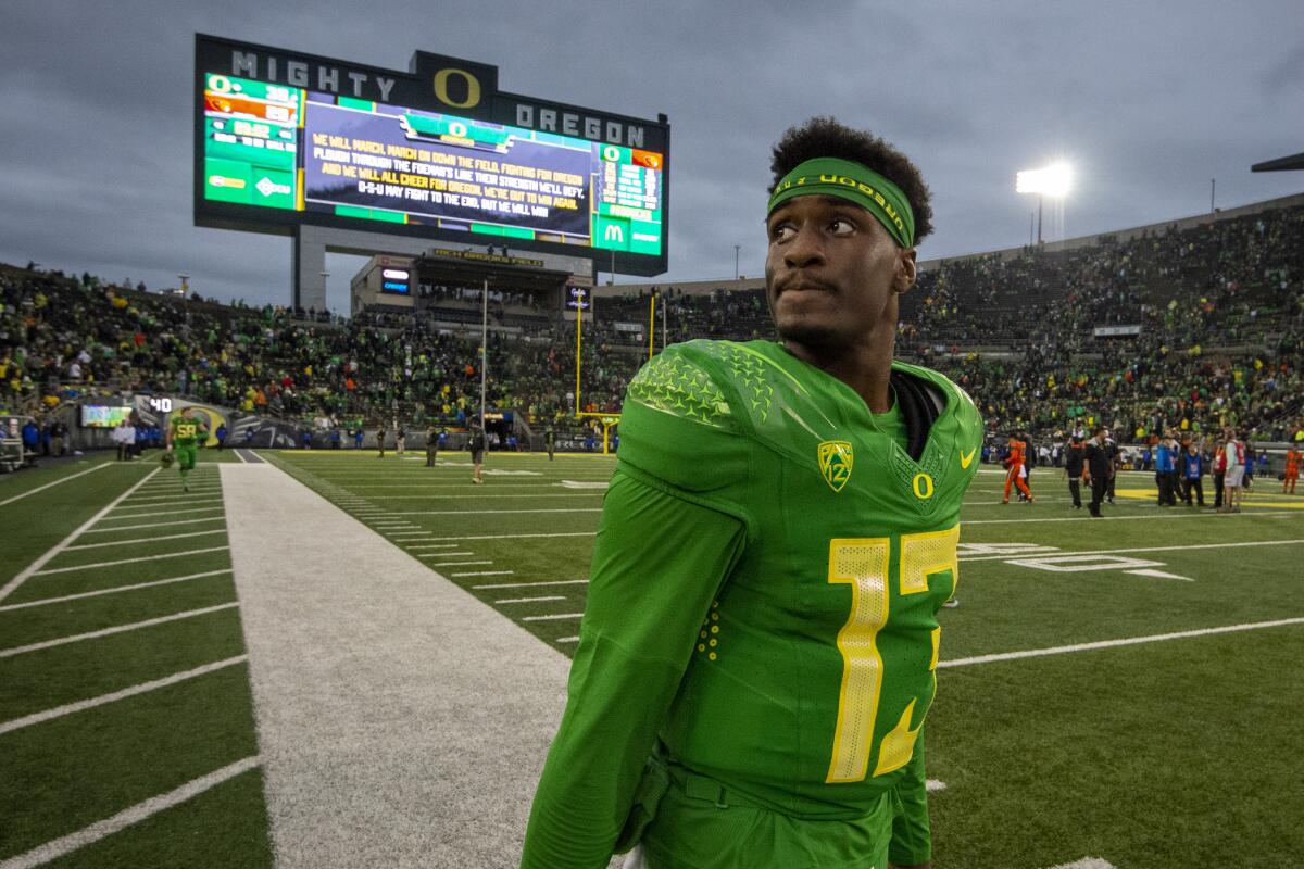 Oregon quarterback Anthony Brown walks off the field after a game in November.