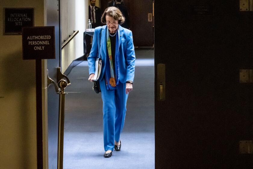 Sen. Dianne Feinstein (D-CA) leaves a committee hearing on Capitol Hill