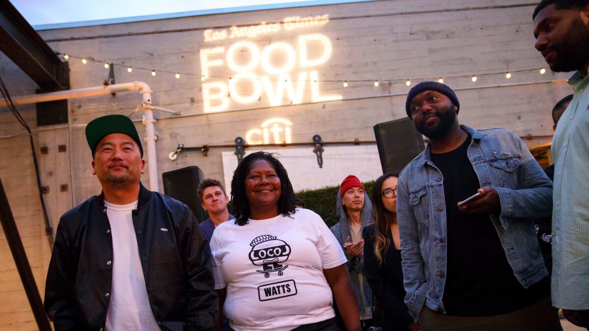 Chef Roy Choi (left) and the crew of Locol, which was named the L.A. Times Restaurant of the Year, at Hauser & Wirth, as part of Food Bowl.