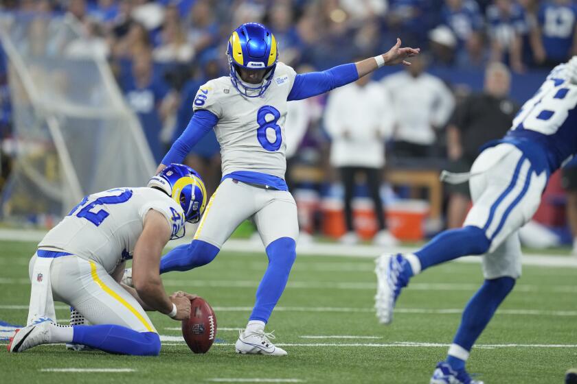 The Rams' Brett Maher (8) missed two of his five field-goal attempts against the Colts.