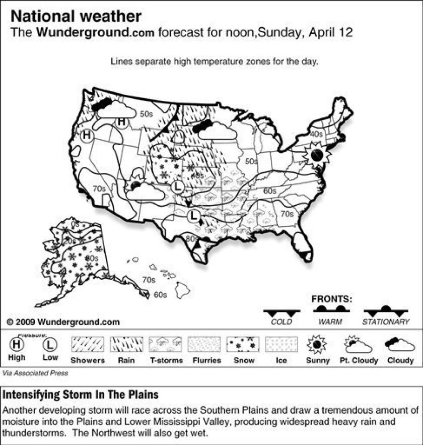 The forecast for noon, Sunday, April 12, 2009 shows another developing storm will race across the Southern Plains and draw a tremendous amount of moisture into the Plains and Lower Mississippi Valley, producing widespread heavy rain and thunderstorms. The Northwest will also get wet. (AP Photo/Weather Underground)