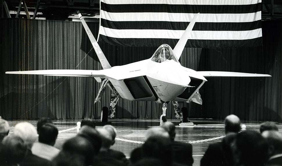 A YF-22 is unveiled at the Lockheed plant in Palmdale in 1990.