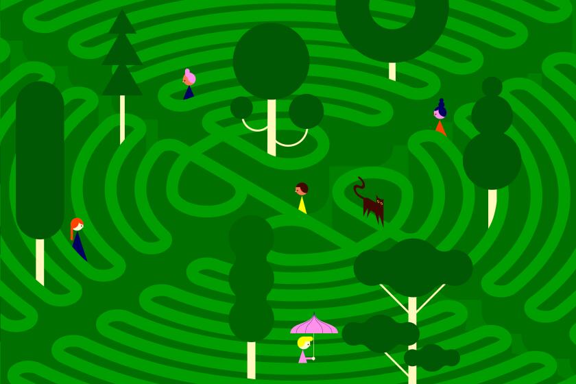 The figures wander through a labyrinth of hedges and trees.