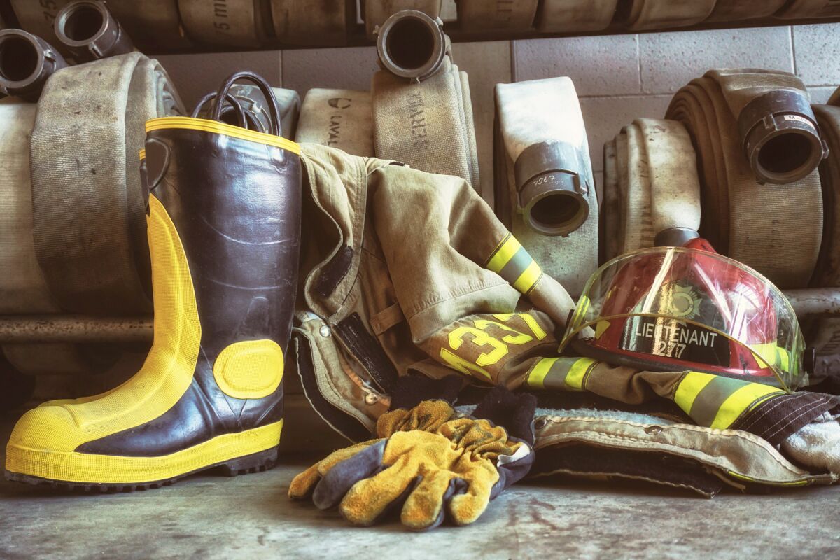 firefighter boots, helmet, gloves, hoses