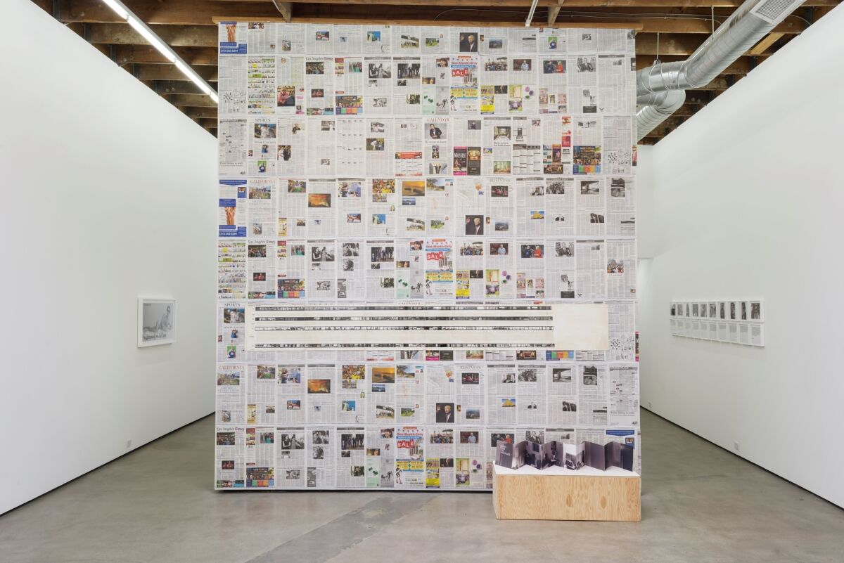 An installation view shows Lew Thomas' “Deposition,” from the exhibition “Photography and Language: Lew Thomas, Donna-Lee Phillips, Peter d’Agostino, Hal Fischer.” (Jeff McLane / Cherry & Martin)