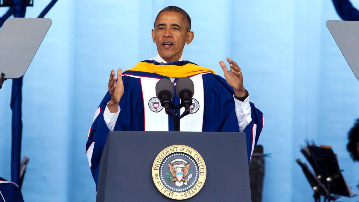President Barack Obama delivers Howard University's commencement speech during the 2016 Howard University graduation ceremony in Washington on May 7.