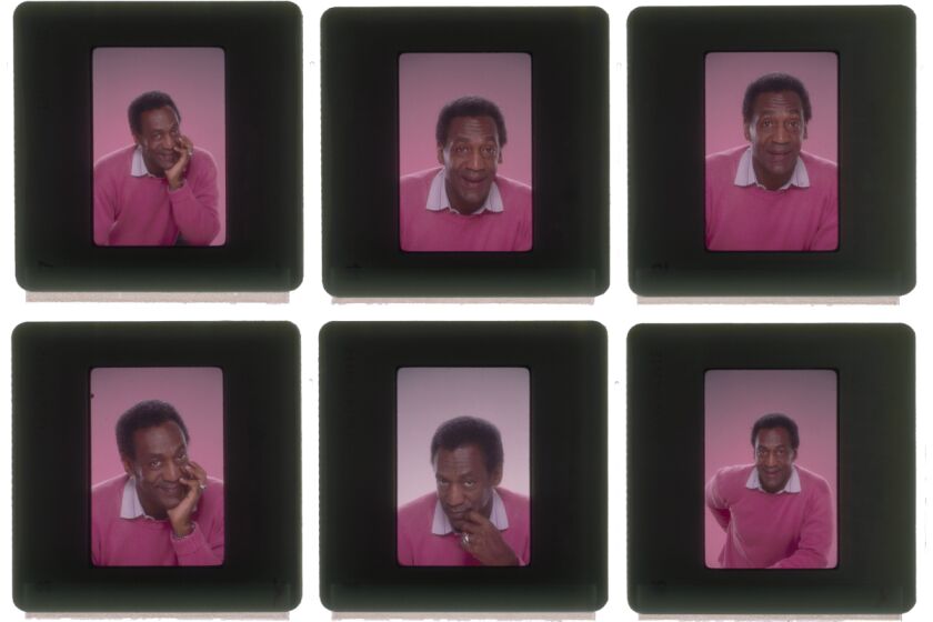 A panel of 6 photographs of Bill Cosby in a pink sweater making different faces