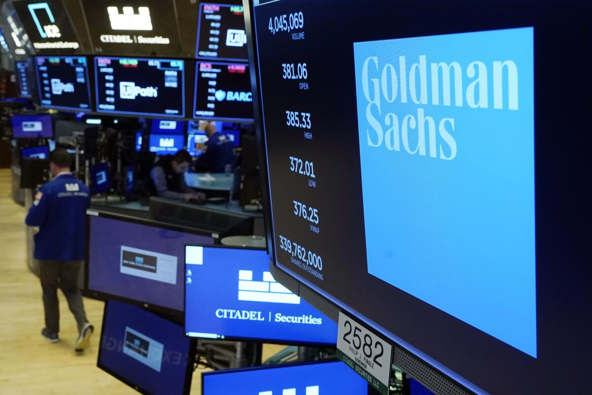 Logo for Goldman Sachs on a screen on the floor of the New York Stock Exchange