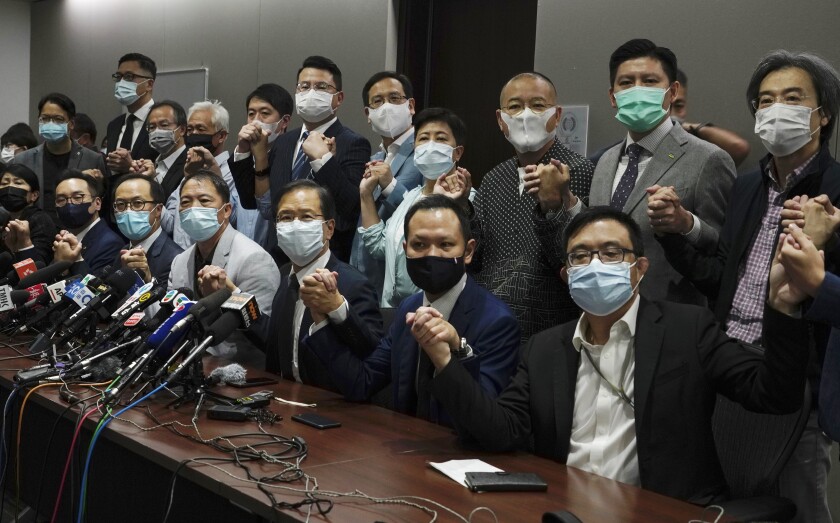 Hong Kong's pro-democracy legislators at the Legislative Council building Wednesday