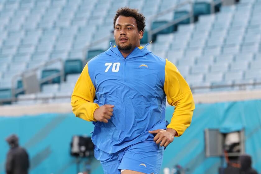 Jacksonville, Florida, January 14, 2023 - Los Angeles Chargers offensive tackle Rashawn Slater.