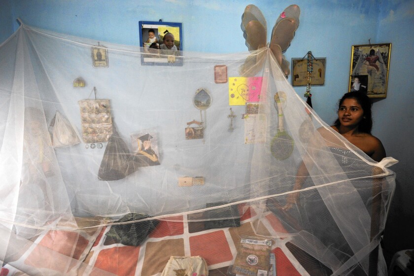 In Cali, Colombia, Mara Torres, who is eight months pregnant, uses a mosquito net to guard against the Zika virus.