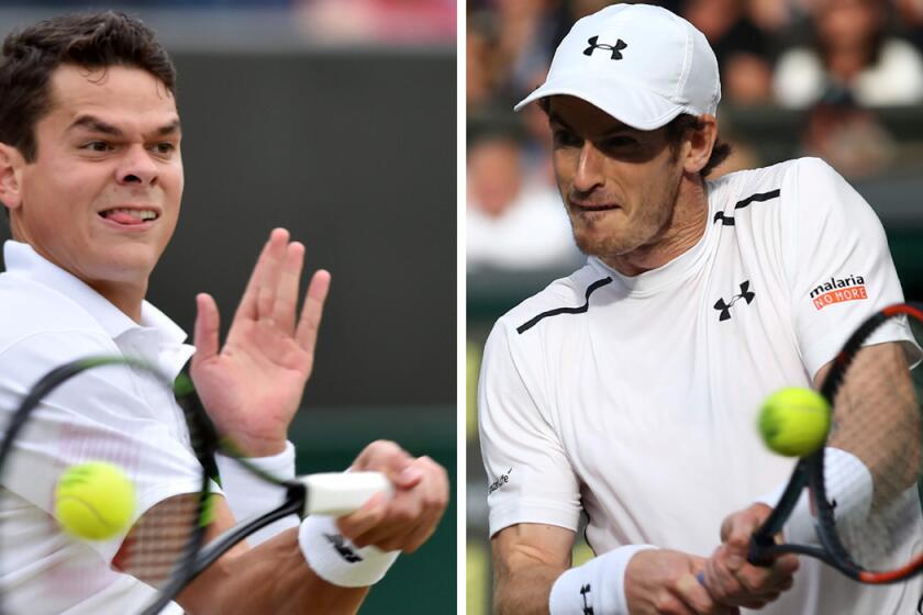 Milos Raonic, left, and Andy Murray will meet in the Wimbledon men's final Sunday.