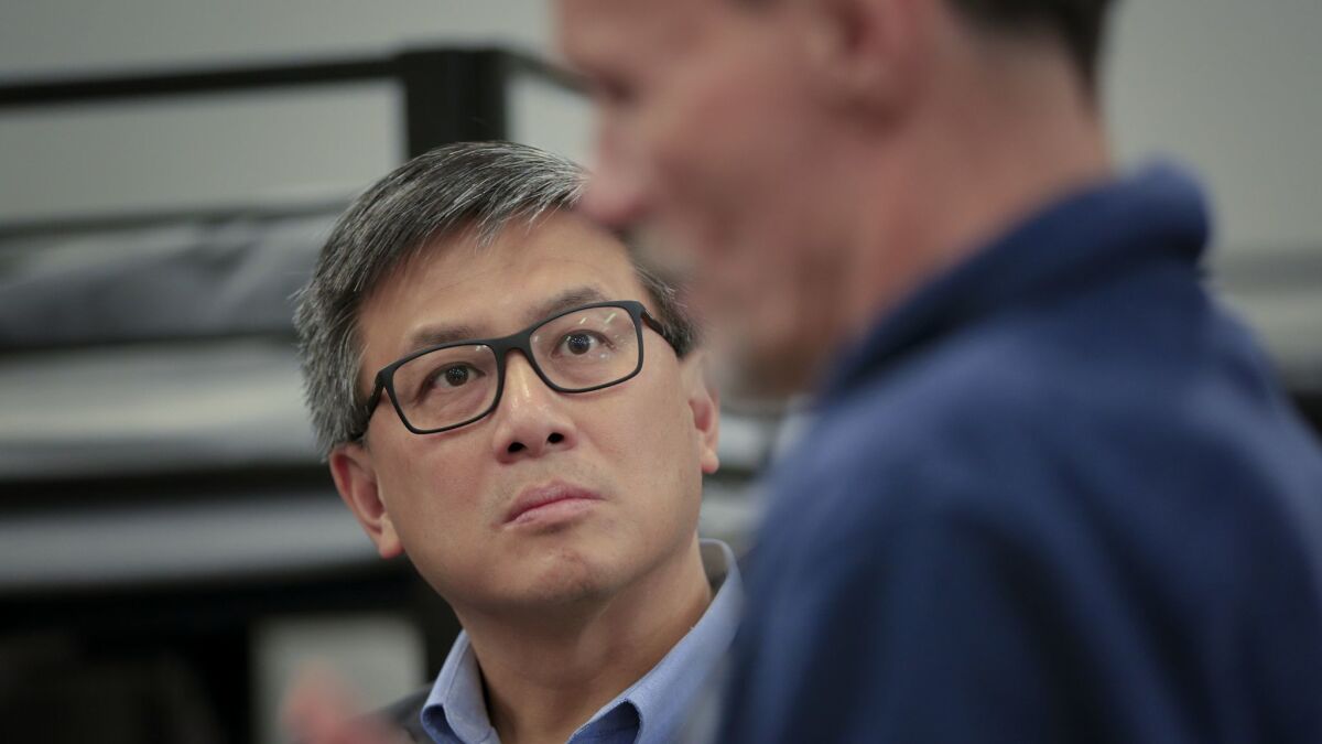 During a campaign stop in San Diego, John Chiang took a brief tour at the Veterans Emergency Shelter in Point Loma and spoke with veteran Paul White who served in the U.S. Army (1972-1974).