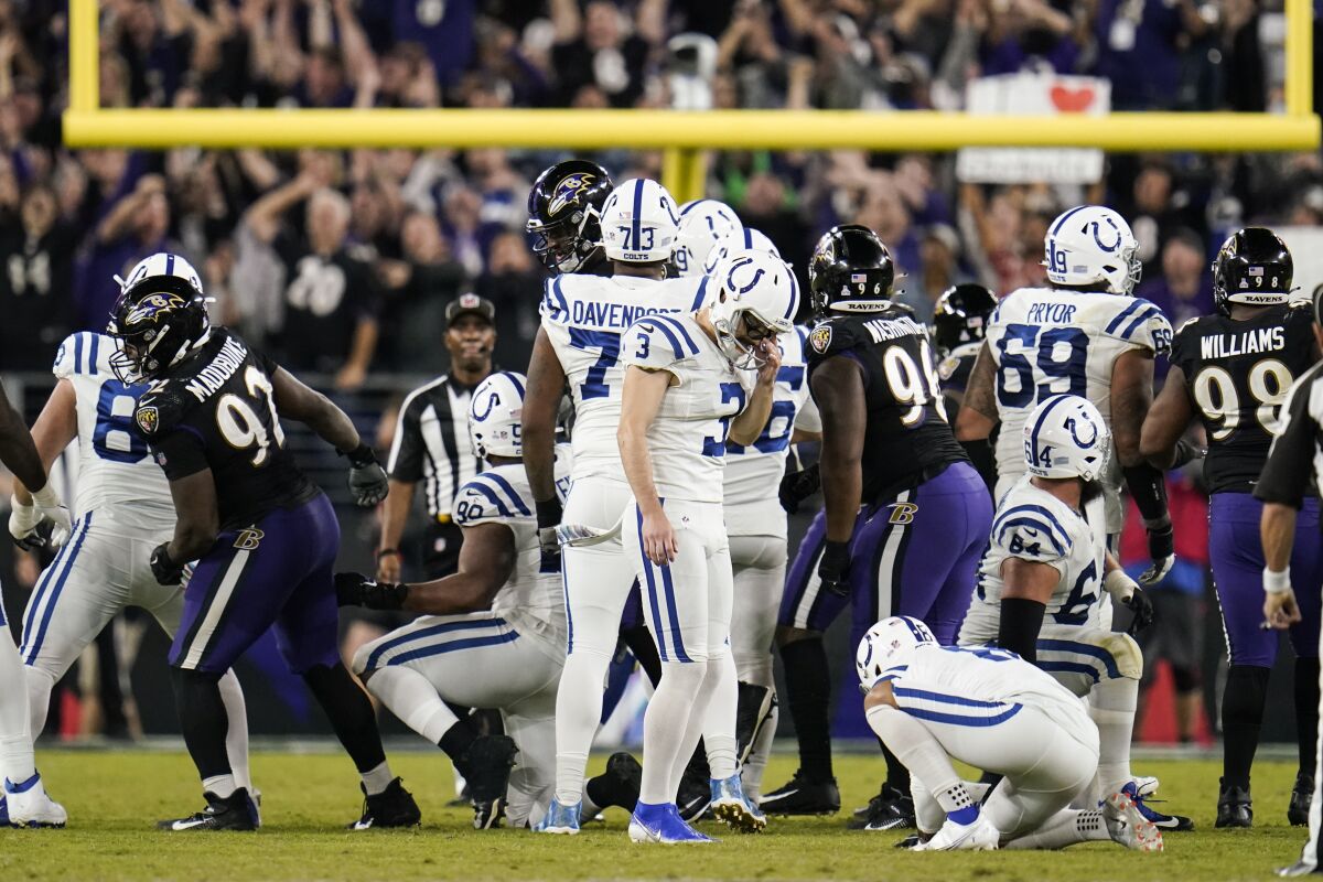 Indianapolis Colts kicker Rodrigo Blankenship (3) reacts after missing a field goal late in the second half of an NFL football game against the Baltimore Ravens, Monday, Oct. 11, 2021, in Baltimore. (AP Photo/Julio Cortez)